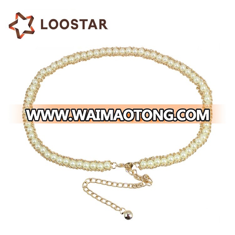 Handmade Western Style Customize Women Chain Bead Belt Ladies Fashion Decorate Belt with White Pearl for Formal Dress Wholesale